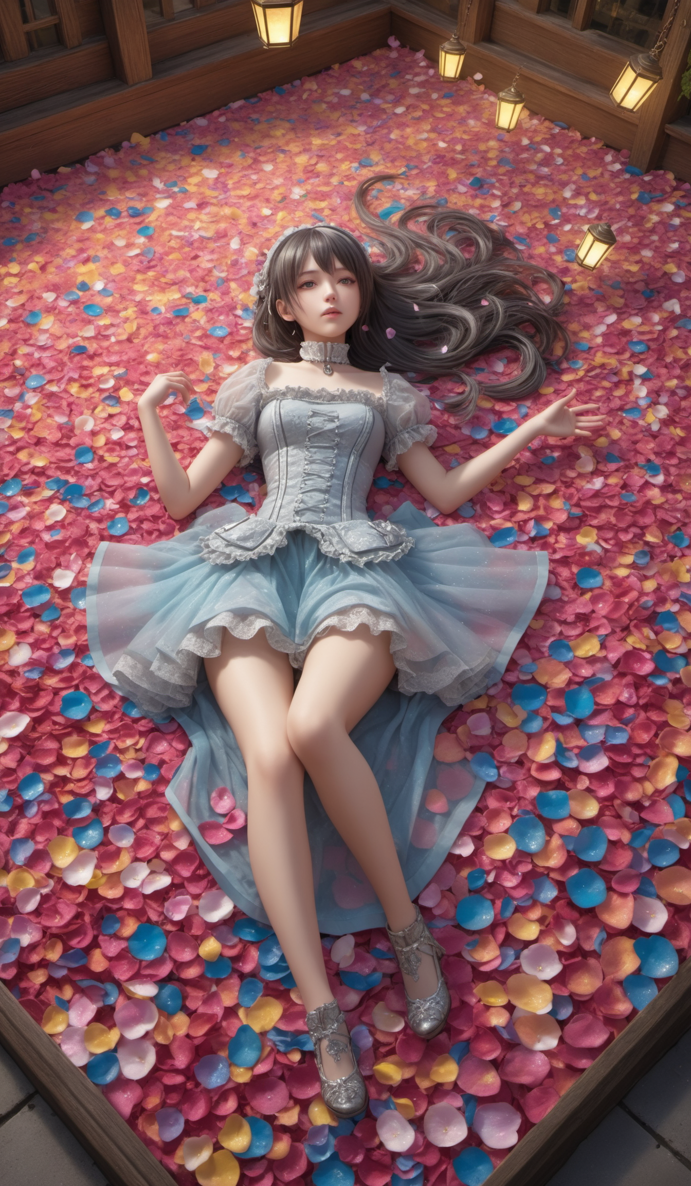 (Best quality,masterpiece,absurdres,ultra realistic:1.4),(Rococo:1.4),(close portrait:1.3),peerlessly beautiful idolmaster ,beautiful detailed eyes,(see-through_clothing),shine,glowing,sparkling,energy coalescing and vibrating,(dynamic angle,dynamic pose),full_body,lie_down,shy ,sad,disdainful ,Around,sex,nsfw, topless, nude,
gothic_lolita,wearing see-through gothic outfit,(((miniskirt))),
(relaxed full body clothing, Square Neck, sonic soundwave nanomesh,   Short Sleeves, Floor-Length, drop waist, ball gown skirt, Pockets,,illustration,cargo pockets,,beaded accents,,Paneling),(polished slightly included (si2) opal, full cut, facet pattern, 8.00 carat, vivacious,    radiant, rhodium-plated, indestructible, sturdiness, dyeing, twist setting, mined, exquisite, custom, antique, love and romance),(golden pottery studio),(police stations, Obsidian stone,wood shingles or shake roof, Fluorescent Outdoor Fixtures,Fireflies, landscape lighting),
(Around floating colorful swirling petals:1.4)the most beautiful form of chaos,
(hexagon:1.4),(colorful herbs:1.4),
