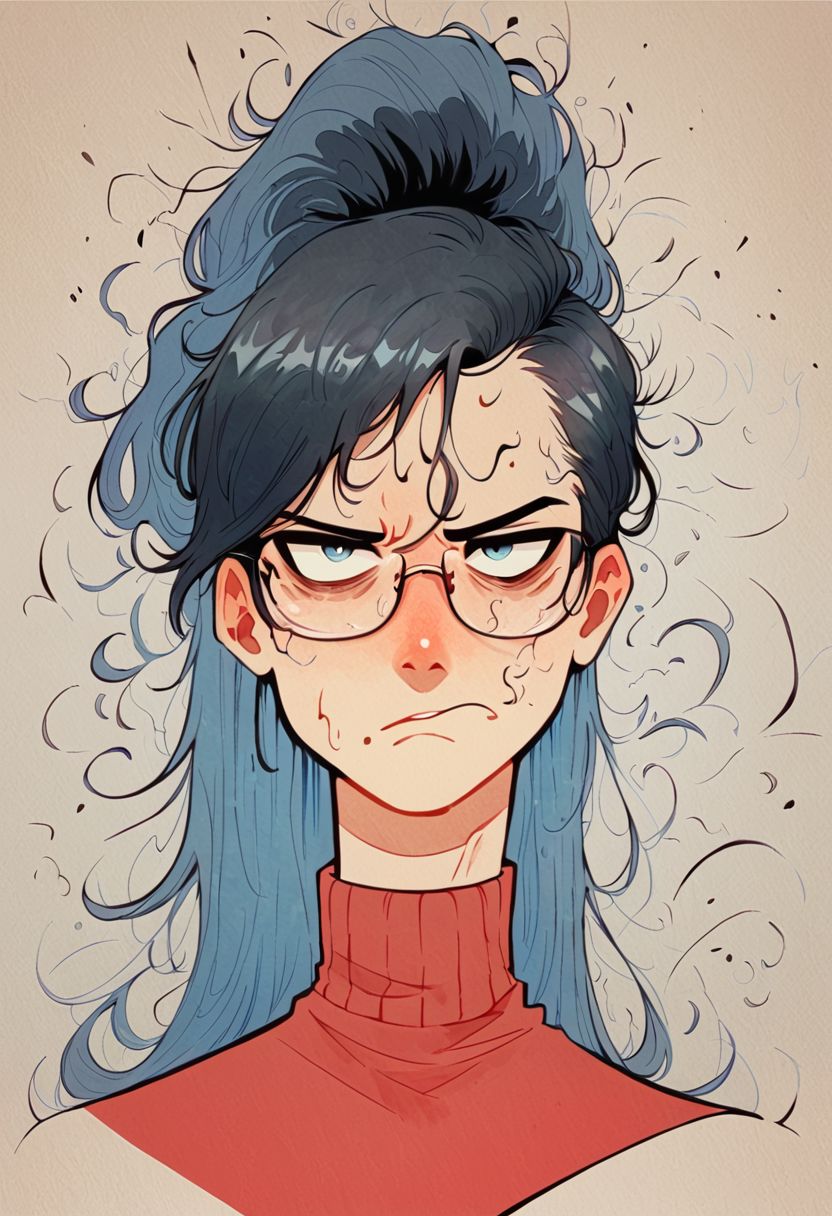 score_9, score_8_up,score_7_up, score_6_up, score_5_up, 1boy, male focus, messy bangs, sideswept bangs, emo bangs, adult, long ponytail, blue hair, black hair, stray hairs, stray hair, windy hair, sharp eyes, narrow eyes, blue eyes, sharp face, long face, long nose, glare, red turtleneck, skinny, glasses, pretty boy, lanky, serious, creepy, sketchy, dynamic pose, cartoon, thick lineart,