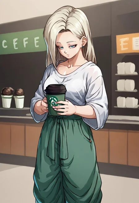 score_9, score_8_up, score_7, coffee cup, female, solo, platinum blonde hair, loose shirt, baggy pants, tired expression, coffee shop, fullbody, FighterZ, Thick outline