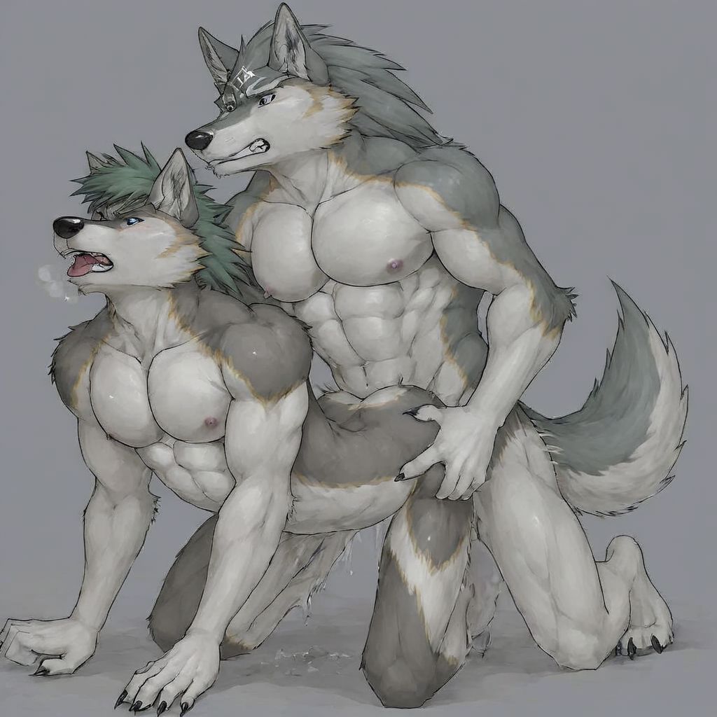2boys, link (wolf form), muscular bara with a slim partner, anal sex, real wolf dom with submissive bottom