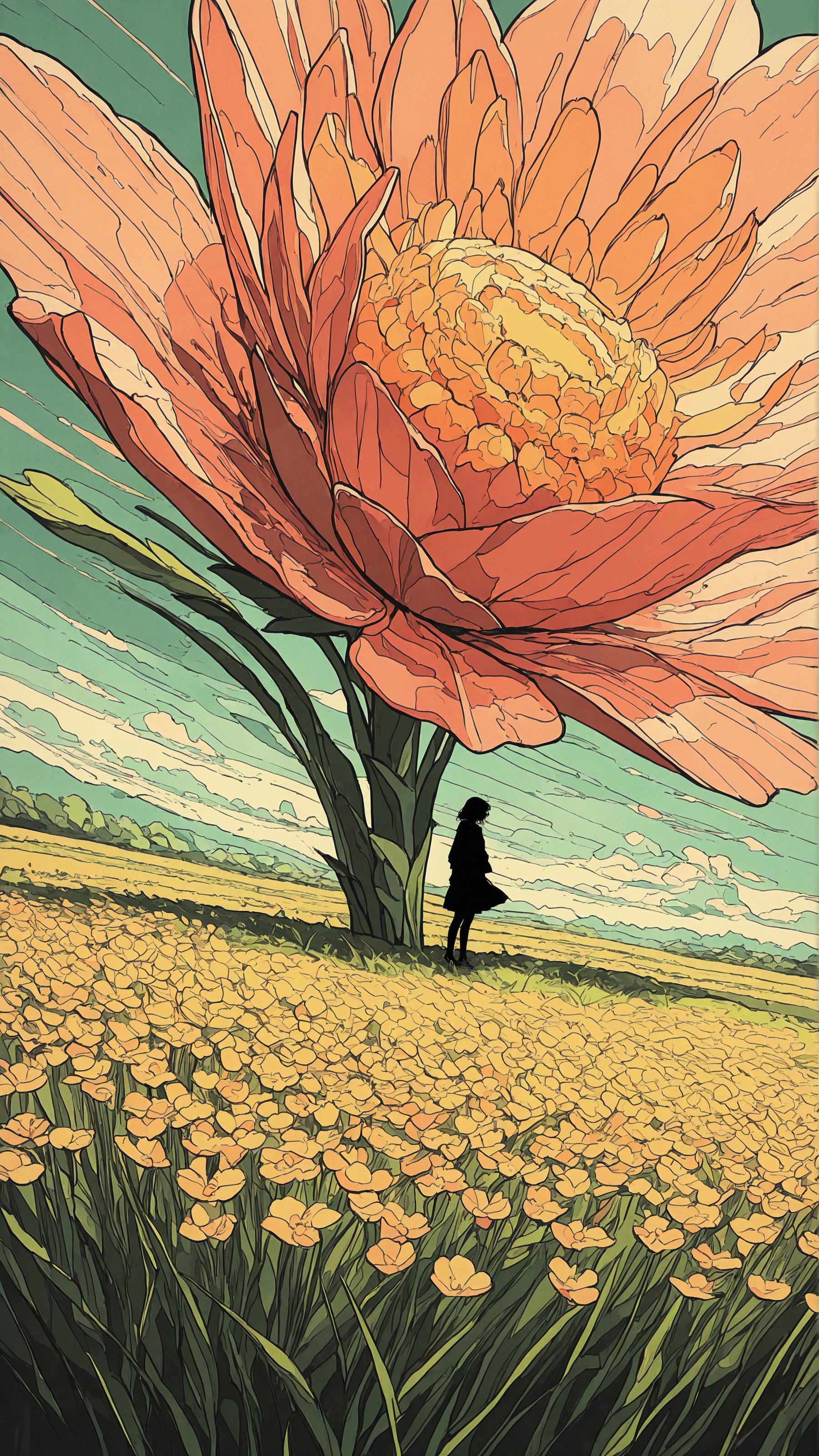 masterpiece, absurdres, (lineart:0.8),  ligne claire, impressionism,
1girl, oversized flower, flower field, grass, dynamic angle,