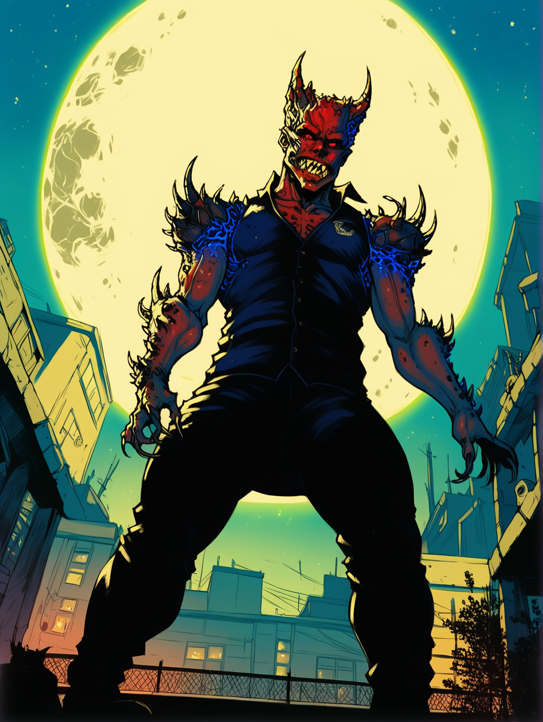 <lora:BladeDrakePonyv1:1>, score_9, score_8_up, score_7_up, high quality, best quality, hdr, uhd, 4k, masterpiece, bladedrakeponyv1, solo, spikes, 1boy, rough skin, horns, teeth, monster, sharp teeth, night, moon, high collared cloack, dark, standing, standing on a roof's edge, full body, full body black cloack, <lora:Sinozick_Style_XL_Pony:0.8> sinozick style, flat color, dark theme, low angle view, looking down, looking at viewer, ((low angle view)), far off shot <lora:backlighting:0.8> backlighting, silhouette, glowing red eyes