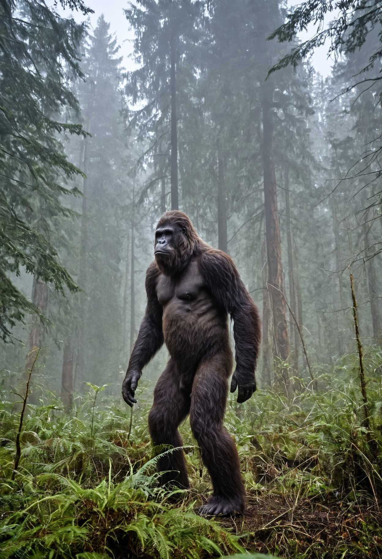photo of a bigfoot in a forest (in the distance:1.2), looking to the side, foggy wet day, early morning, soft natural light, highly detailed <lora:mobile:0.8>