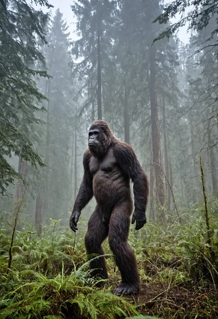 photo of a bigfoot in a forest (in the distance:1.2), looking to the side, foggy wet day, early morning, soft natural light, highly detailed <lora:mobile:0.8>