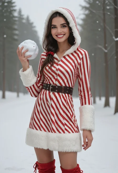 score_9, score_8_up, score_7_up, 1woman, jack_tnbc, hud_xmas1, striped dress, fur trim, long sleeves, leg warmers, belt, hood, christmas, cowboy shot, light smile, snow, holding snowball