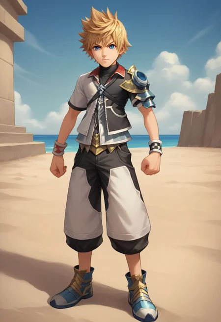 score_9, score_8_up, source_anime, highly detailed, 1boy, solo, male_focus, slender, skinny,
ventus, 1boy, solo, male focus, blue eyes, spiked hair, wristband, standing, shorts,
clenched hand, shoes, looking at viewer, armor, shoulder armor, blonde hair
outdoor