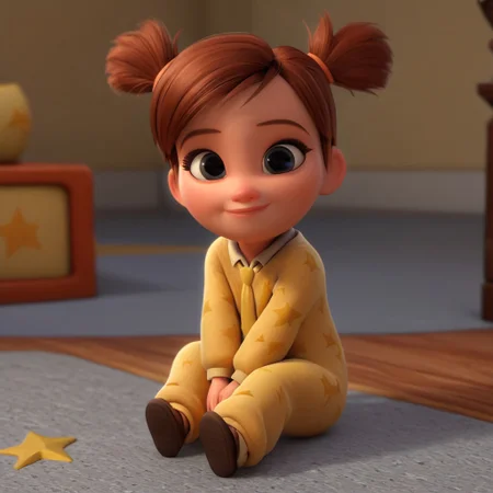 Tina Templeton, solo, DreamWorks Animation style,  3D, brown hair, twintails, black eyes, smile, sitting, female child, yellow onesie with star and moon pattern, brown hair, 1girl, yellow necktie, short hair, full body, bedroom