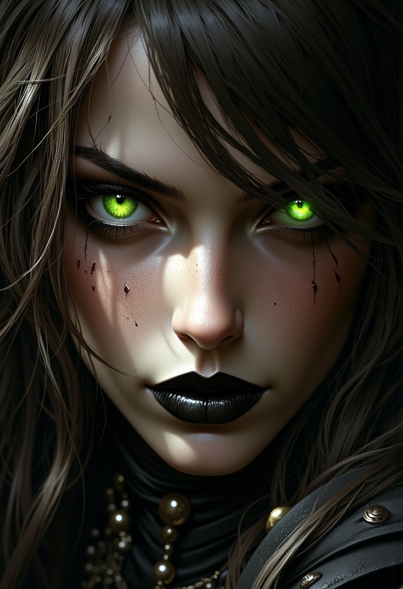 close up on face, great lighting, intricate detail, portrait of a female figure with fair skin. She has a piercing emerald green gaze. Her wavy dark brown hair frames her face. Her lips are beautiful and express a confident superiority. She wears black lipstick. High Detail, Perfect Composition, realistic photographic image, interesting backlighting, ArsMJStyle, dnddarkestfantasy, mythp0rt