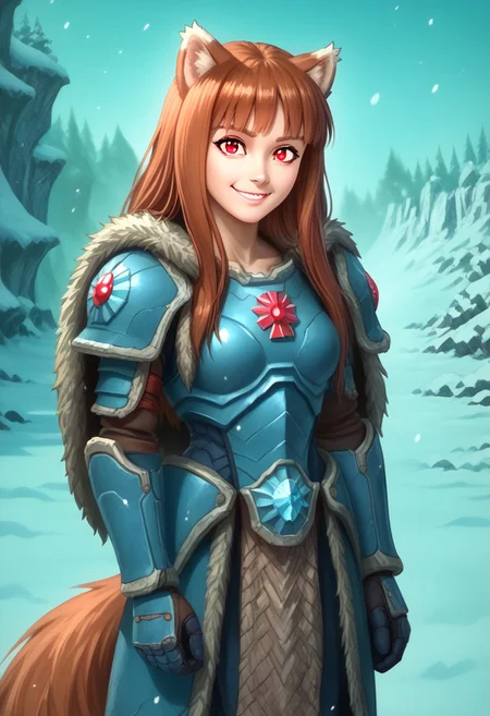 score_9, score_8_up, score_7_up, masterpiece, perfecteyes, holo, brown hair,long hair,red eyes, wolf girl,wolf ear,wolf tail, solo, , looking at the viewer, detailed background, wearing power armor, spcwlf, front view, proud smile, ice, snow, icy cavern, outdoors, fur cloak, holo in spcwlf armor, hands akimbo, she says "Afraid not citizen, holo protects"