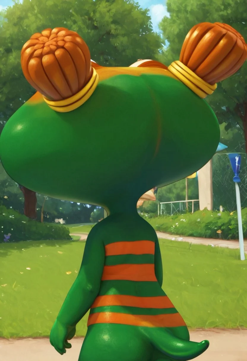 lulu zipadoo, 1girl, furry, anthro, (frog shaped head), green skin, blue eyes, orange eyelid, orange hair, yellow hair ties, pigtails, wide head, chibi, 3 oranges stripes around belly, plump, little tail, wide hips, short body, short legs, Expressiveh, realistic, 3d, score_8_up, score_7_up, BREAK, 1girl, solo, closeup, from behind, upper body, no shell, park, detailed background, Expressiveh,