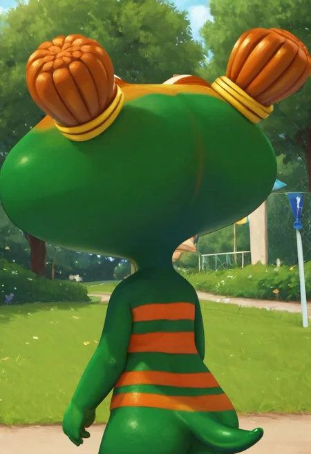 lulu zipadoo, 1girl, furry, anthro, (frog shaped head), green skin, blue eyes, orange eyelid, orange hair, yellow hair ties, pigtails, wide head, chibi, 3 oranges stripes around belly, plump, little tail, wide hips, short body, short legs, Expressiveh, realistic, 3d, score_8_up, score_7_up, BREAK, 1girl, solo, closeup, from behind, upper body, no shell, park, detailed background, Expressiveh,