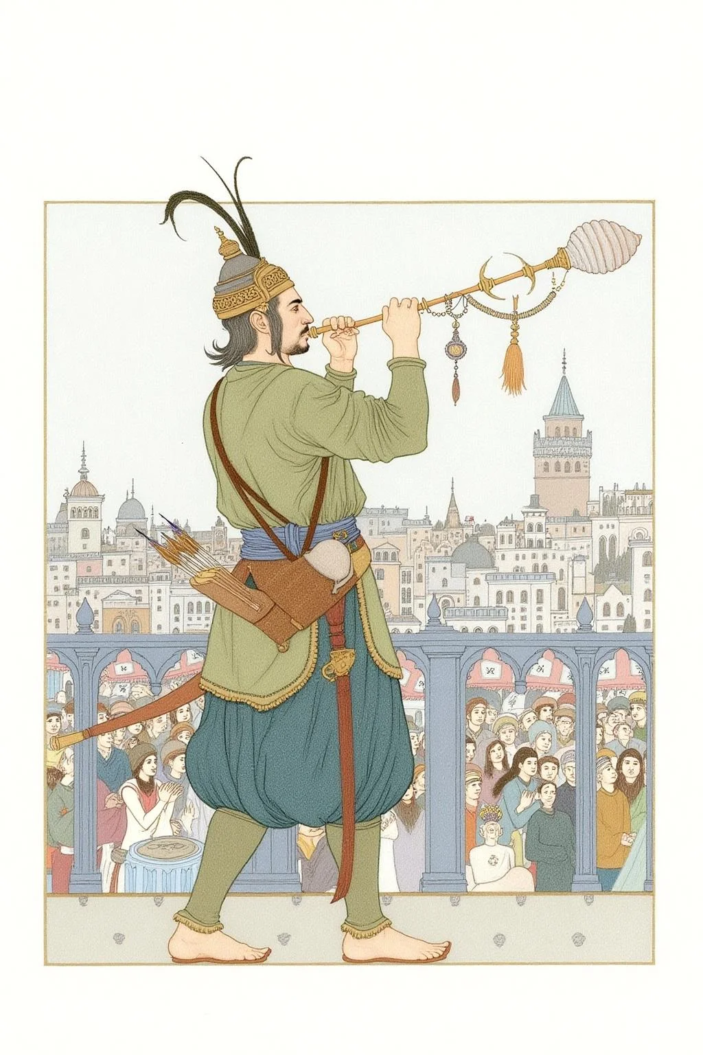 olgadugina1 illustration.
A man, shown in side profile, is wearing traditional attire with a headdress and carrying a quiver of arrows. He is blowing a long trumpet with a conch shell at the tip. The trumpet has intricate designs and tassels. The background is a busy Ottoman cityscape. <lora:olgadugina2_cap_d6a3e9:1.0><lora:858108172219456504:0>