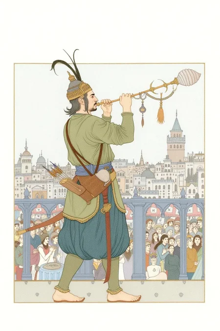 olgadugina1 illustration.
A man, shown in side profile, is wearing traditional attire with a headdress and carrying a quiver of arrows. He is blowing a long trumpet with a conch shell at the tip. The trumpet has intricate designs and tassels. The background is a busy Ottoman cityscape. <lora:olgadugina2_cap_d6a3e9:1.0><lora:858108172219456504:0>