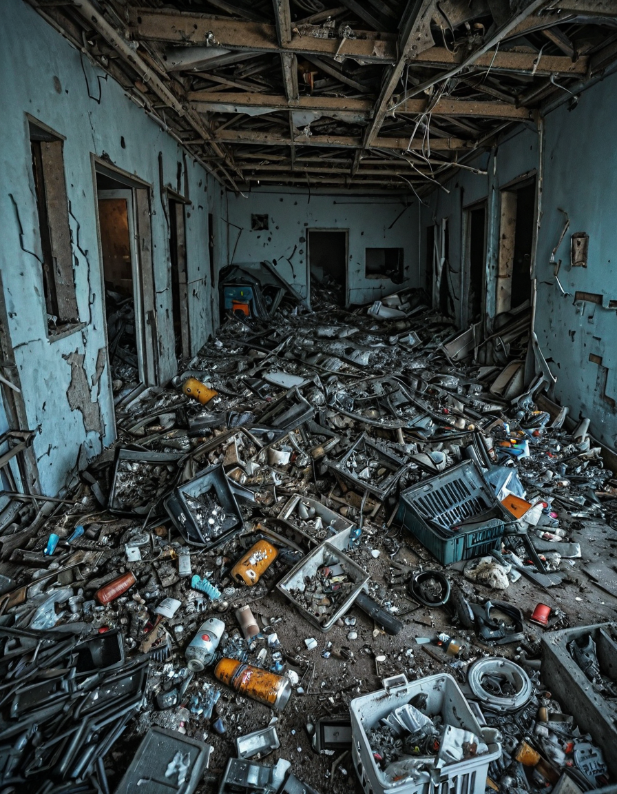 <lora:City_Worlds_02_Lost_Indusinc:1> photo, cw02lost, indoors, room, trash, garbage, clutter, abandoned, decay, filth, waste, pollution, dark, broken, neglected, derelict, mess, debris, bottles, plastics, dirty, chaos, urban decay