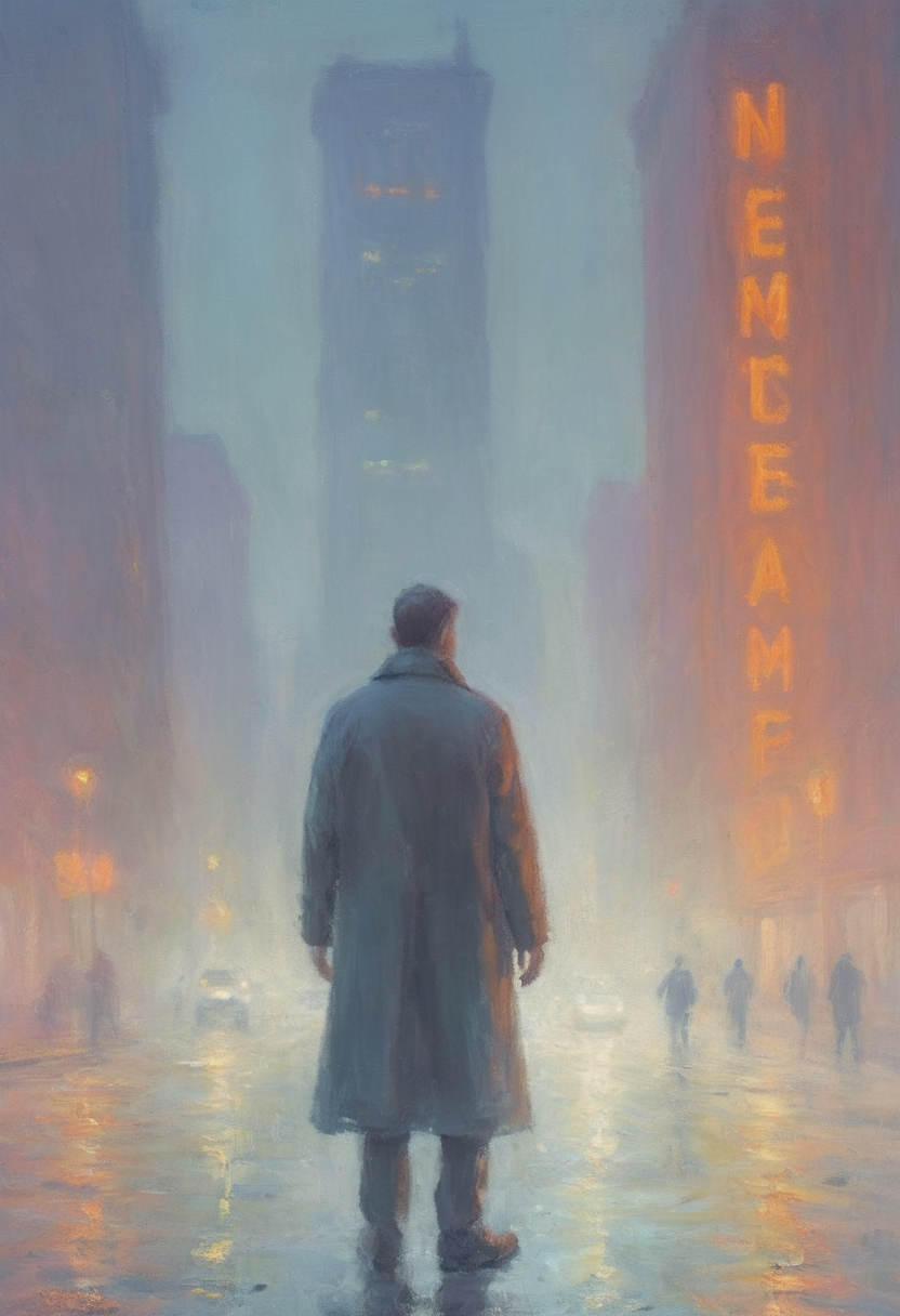 impressionist painting sci-fi brutalist architecture shrouded in mist and fog obscured neon lights wet roads closeup of tall thin man in long coat vast city scale sunrise through mist and smoke