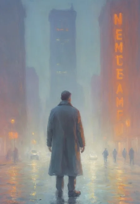 impressionist painting sci-fi brutalist architecture shrouded in mist and fog obscured neon lights wet roads closeup of tall thin man in long coat vast city scale sunrise through mist and smoke