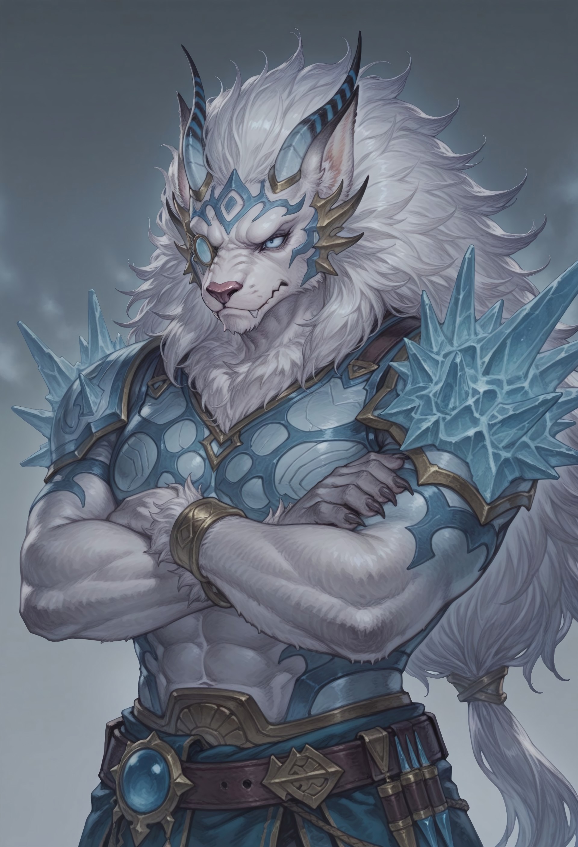 werewolf, 1boy, solo, furry, monocle, armor, ice shoulder armor, striped horns, huge horns, big horns, belt, jewelry on belt, bracelet, torn waist cape, blue eyes, long hair, low-braided long hair, fangs , earless, earless character, 

, crossed arms, closed mouth, (wavy_mouth:1.2), 

, detailed face, detailed body, three quarter view, upper body, 

, masterpiece,best quality,amazing quality,