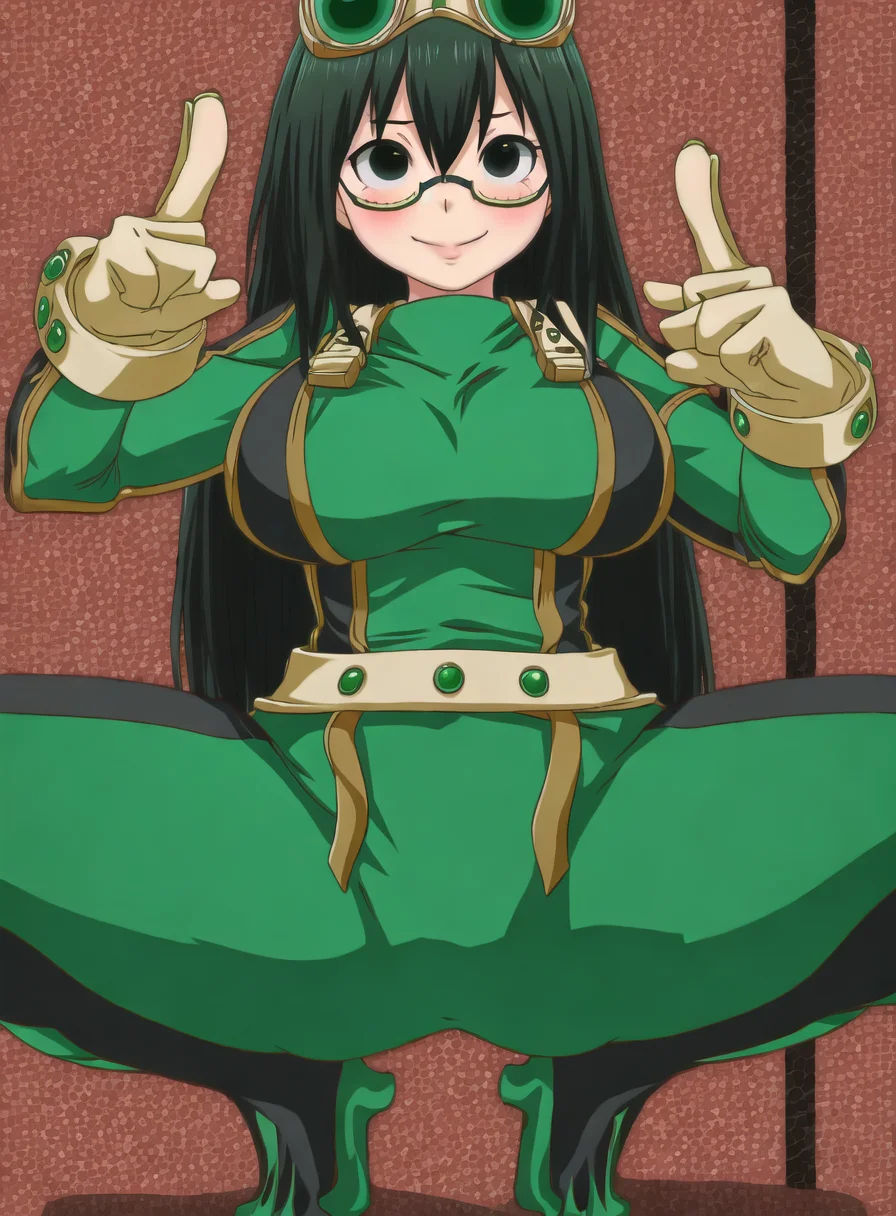 realistic photo of mike inel, 10s, 1girl, asui tsuyu, spread legs, squatting, black eyes, black hair, bodysuit, boku no hero academia, breasts, frog girl, gloves, goggles, green bodysuit, (large breasts:1.4), long hair, solo, 5 fingers,