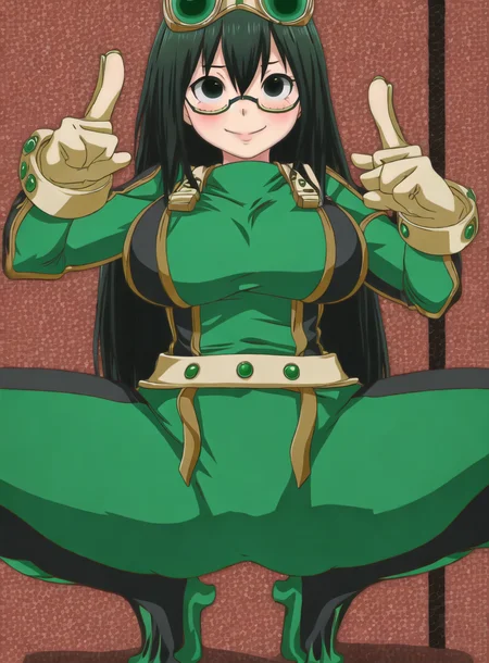 realistic photo of mike inel, 10s, 1girl, asui tsuyu, spread legs, squatting, black eyes, black hair, bodysuit, boku no hero academia, breasts, frog girl, gloves, goggles, green bodysuit, (large breasts:1.4), long hair, solo, 5 fingers,