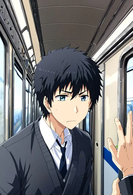 high resolution, solo, best quality, 1Boy, Arata Kaizaki, Black Hair, Blue Eyes, train, inside train, OverallDetail