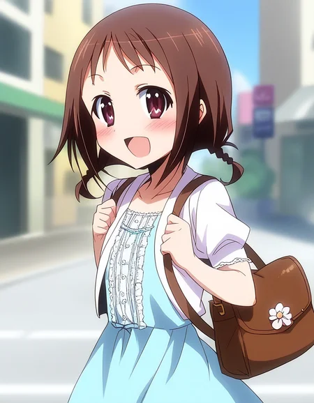 score_9, score_8_up, score_7_up, source_anime, rating_explicit, BREAK <lora:Wakana_Misato_XL:1> Wakana_Misato, brown hair, short hair, twin braids, purple eyes, brown eyes,
solo, dress, blush, bag, handbag, open mouth, :o, looking at viewer, casual, blue dress, flower,
day, outdoor,