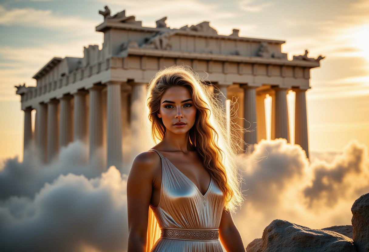 the most realistic, photorealistic photo ever taken [(greek goddess athena:1.5) standing in front of (THE PARTHENON:1.5) in the clouds, , a dream world shifting landscapes, and mythological creatures, Captured with a Hasselblad X2D 100C and an 80mm f/1.9 lens, golden hour,hyper-realistic textures, soft studio lighting, elegant shadows, styled for a Vogue beauty editorial, incredible realism, creamy bokeh, ultra-detailed textures, perfect lighting], aidmaimageupgrader, aidmamj6.1