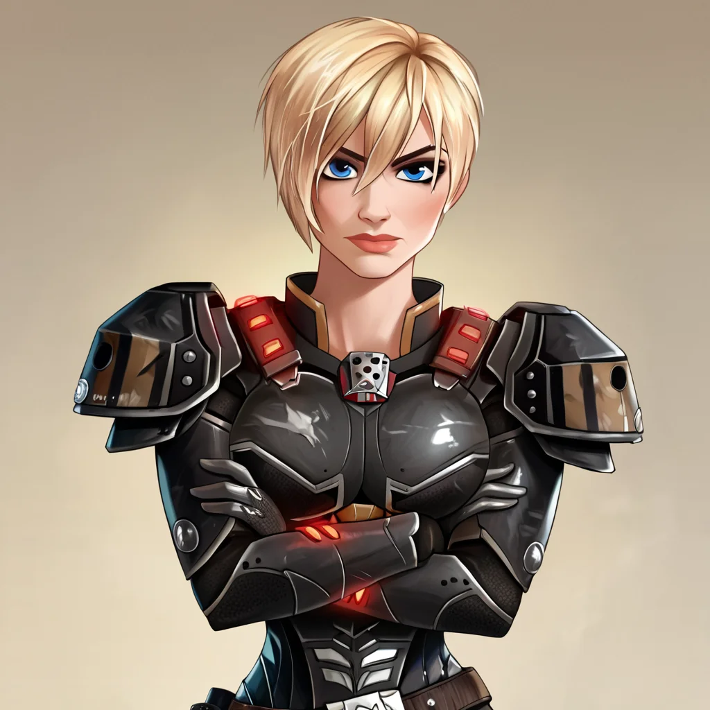 score_9, score_8_up, score_7_up, score_6_up, uncensored, detailed eyes, perfect eyes, extremely detailed CG, extremely detailed face, perfect face, detailed Lora, best quality, source_anime, masterpiece, beautiful eyes, beautiful face, detailed eyes ,high resolution, distinct image BREAK  <lora:Wreck-It Ralph_Sergeant Calhoun:1>Sergeant_Calhoun, 1girl, solo, blonde hair, short hair, blue eyes, armor, power armor, belt ,looking at viewer, standing, crossed arms