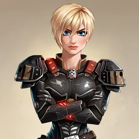 score_9, score_8_up, score_7_up, score_6_up, uncensored, detailed eyes, perfect eyes, extremely detailed CG, extremely detailed face, perfect face, detailed Lora, best quality, source_anime, masterpiece, beautiful eyes, beautiful face, detailed eyes ,high resolution, distinct image BREAK <lora:Wreck-It Ralph_Sergeant Calhoun:1>Sergeant_Calhoun, 1girl, solo, blonde hair, short hair, blue eyes, armor, power armor, belt ,looking at viewer, standing, crossed arms