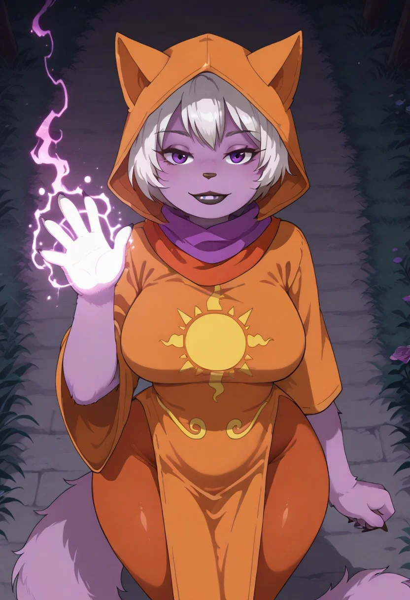 score_9, score_8_up, score_7_up, score_6_up, g0thicPXL, 1girl, 1girl, solo, furry female, flat color, cat girl, Rose Lalonde, cat ears, mauve fur, pale short hair, purple eyes, rosegod, orange clothes, robe, scarf, hood, sun print, pelvic curtain, standing, sexy posing, big ass, grinning, fluffy cat tail, wide hips, big breasts, waving her hands with magic effects, BREAK outside, Rich, Detailed background, ambient light, high angle view, looking at viewer,