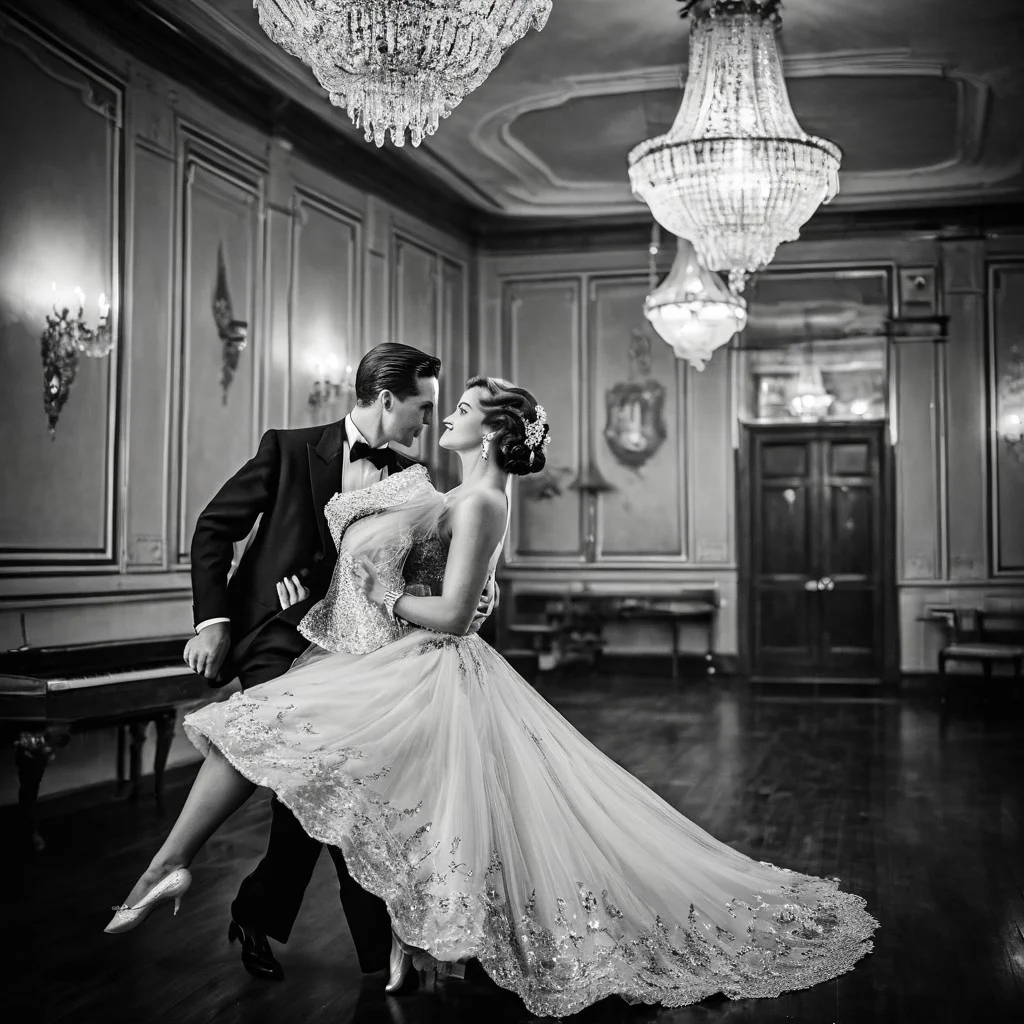 1male, 1female, Graceful couple in stunning vintage outfits, dancing elegantly with poise in a vintage-era setting, retro black and white theme, capturing timeless elegance, focus on the couple as they move gracefully together, with a collection of cherished couple photos displayed in the background, viewed from a bird's-eye perspective, adding depth and a unique angle, enhancing the nostalgic and romantic ambiance.