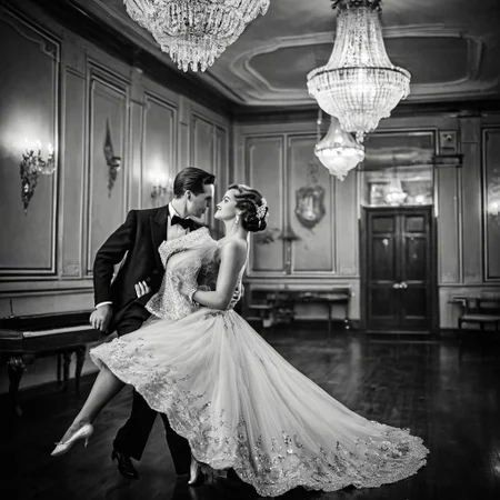 1male, 1female, Graceful couple in stunning vintage outfits, dancing elegantly with poise in a vintage-era setting, retro black and white theme, capturing timeless elegance, focus on the couple as they move gracefully together, with a collection of cherished couple photos displayed in the background, viewed from a bird's-eye perspective, adding depth and a unique angle, enhancing the nostalgic and romantic ambiance.
