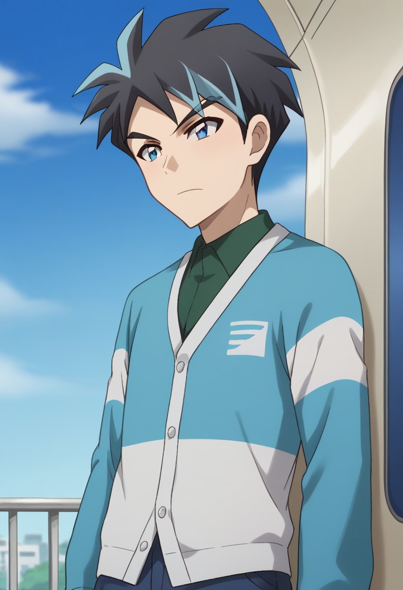 score_9, score_8_up, score_7_up, source_anime, highly detailed, 
ryuji, 1boy, male focus, solo, shirt, black hair, pants, cardigan, collared shirt, short hair, upper body, green shirt, multicolored hair, buttons, long sleeves, blue eyes, jacket, blue eyes, spiked hair, frown, bangs, two-tone hair,
outdoor, train, sky, shinkansen