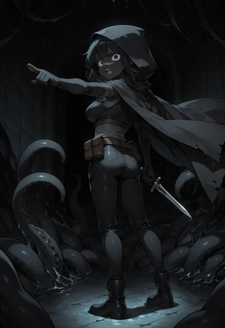 masterpiece, best quality, amazing quality, very aesthetic, absurdres, newest, ,ray tracing, s4bit4mago_illu,anime style, anime screencap, anime coloring,
1girl, (black skin, obsidian skin:1.2), blckskn, colored skin, pointy ears, large breasts, solo, curvy,
black hair, medium hair, angry, shocked, looking back,
black eyes,
leather pants, leather vest, leather boots, grey shirt, black pants, black vest, black boots, cape, jacket, black cape, hood, hooded, wearing hood, straps, utility belt, elbow glove, skindentation, tight clothes,
dark, tentacle pit, black theme, tub, black tub, dynamic pose, holding weapon, holding dagger, dagger, pointing,
standing, side view, from side,
<lora:Obsidian_skin:1> <lora:NOOB_vp1_detailer_by_volnovik_v1:2> <lora:neba:1>