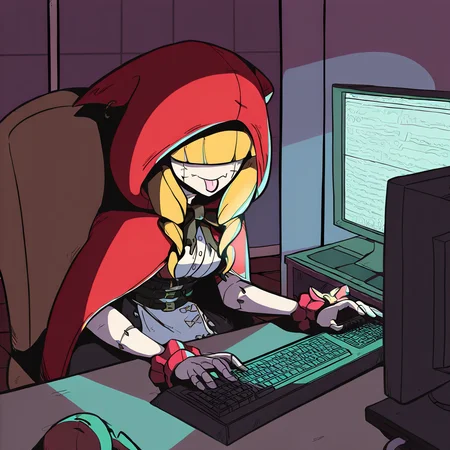 highres, best quality, masterpiece, very aesthetic, newest, <lora:ChaperomonIllustrious-000009:1>,1girl,solo,chaperomon,red hood,ribbon,dress,cape,stitched face,blonde hair, cropped,upper body,cel shading,virtual youtuber,indoors,sitting at computer,typing on keyboard,:P,indoors,streamer room,chair,computer monitor