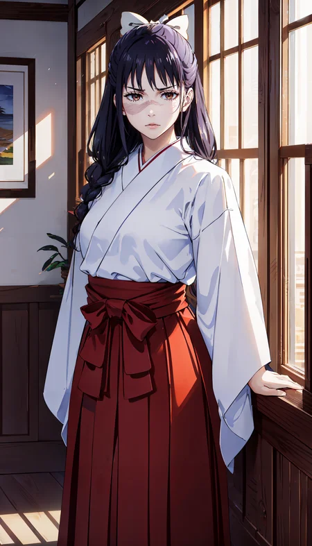 photorealistic, (4k), depth of field, (Masterpiece), (realistic skin texture), extremely detailed, intricate, hyper detailed, professional photography, bokeh, high resolution, sharp detail, best quality, woman, long hair, purple hair, ponytail, brown eyes, scar on face, white hairbow, red hakama, aUtahime, <lora:GoodHands-vanilla:0.4>, <lora:detail_slider_v4:0.8> , dynamic pose, (arms behind her back), <lora:Utahime Iori-000004:0.7> , open window, light rays, windowsill, annoyed,