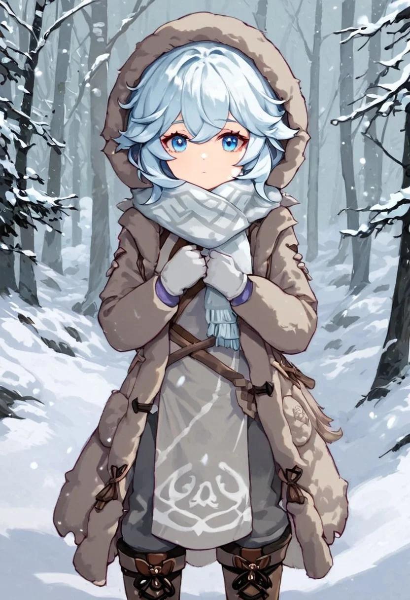 Score_9, score_8_up, score_7_up, Genshin Impact Style, source_anime, snow, ice forest, 1girl, solo,
White hair, tattered fur hood over hair, grey fur hood, tattered fur snow coat, baggy fur coat, pale blue eyes, standing, facing viewer, staring at viewer, tattered brown cloth around chest, white cloth around chest, white ragged cloth, white ragged scarf, white snow gloves, grey fur boots, dark grey pants, snow boots, black snow boots
