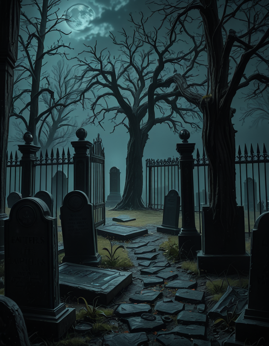 A dark and eerie cemetery shrouded in mist, with ancient, weathered tombstones covered in moss. The scene is dimly lit by a pale, ghostly moonlight filtering through twisted, leafless trees. Cracked stone pathways lead through the graveyard, partially hidden by overgrown grass and creeping ivy. A few old, gothic-style mausoleums stand in the background, their iron gates slightly ajar, adding to the mysterious and haunting atmosphere. Wisps of fog swirl around the gravestones, enhancing the eerie mood. The overall color palette consists of deep blues, grays, and muted greens, creating a cold and unsettling ambiance. The image is highly detailed and photorealistic, capturing the textures of the aged stone, the fogâs movement, and the ominous shadows stretching across the ground. 
<lora:SDXLFaeTastic2400:0.4> <lora:extremely_detailed:0.4> extremely detailed,<lora:33r13_c3m3t3ry-ill:1>,33r13 c3m3t3ry, Masterpiece,best quality,hi res,8k,hi res,8k,award winning,(sharp focus, intricate, highly detailed),