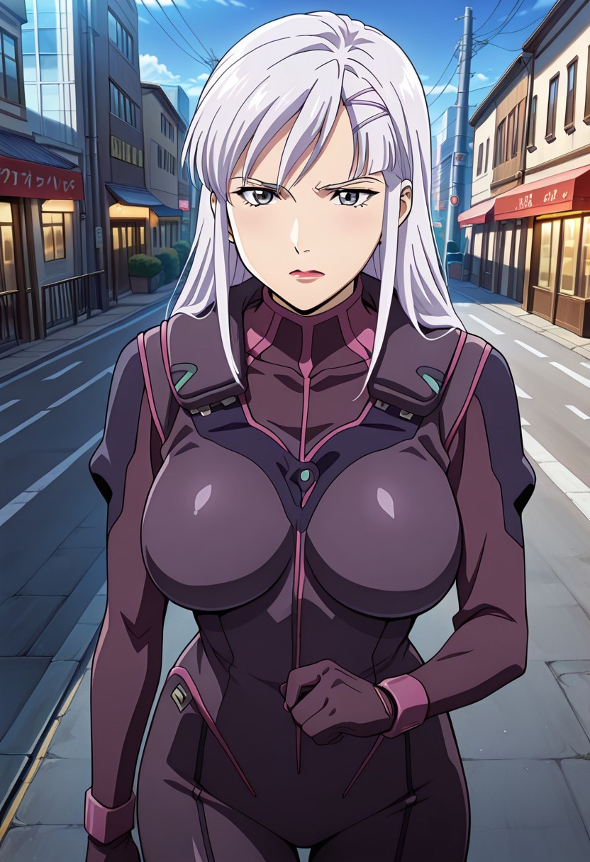 ((masterpiece, absurdres)), best quality, amazing quality, newest, 4k, anime coloring, very aesthetic, ray tracing, Smooth Quality, CG, source_anime, nora polyansky,1 mature female, grey eyes, white long hair, hairclip,pilotsuit ,city view, street view,city view, street view