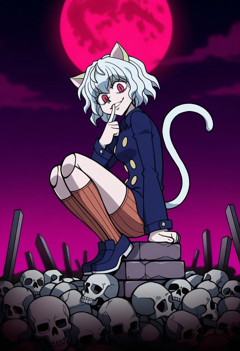 masterpiece, best quality, 
vanripper artstyle,
full body, from side, 
female focus, rim lit,
((a pile of skulls, dark background, crimson moon, skull face moon, purple sky, gradient sky, leaning tombstones, cruciform tombstones, necropolis, low light, dim lit,))
1girl, solo,
illupitou, cat ears, cat tail, white hair, short hair, red eyes, slit pupils, joints, (4 fingers:1.2), small breasts,
buttons, shorts, long sleeves, kneehighs, shoes,
((looking at viewer, widened eyes, devious smile, psychotic expression, head tilt,
on top of skulls, squatting, knees up, arm support, one finger on lips, dynamic pose,))