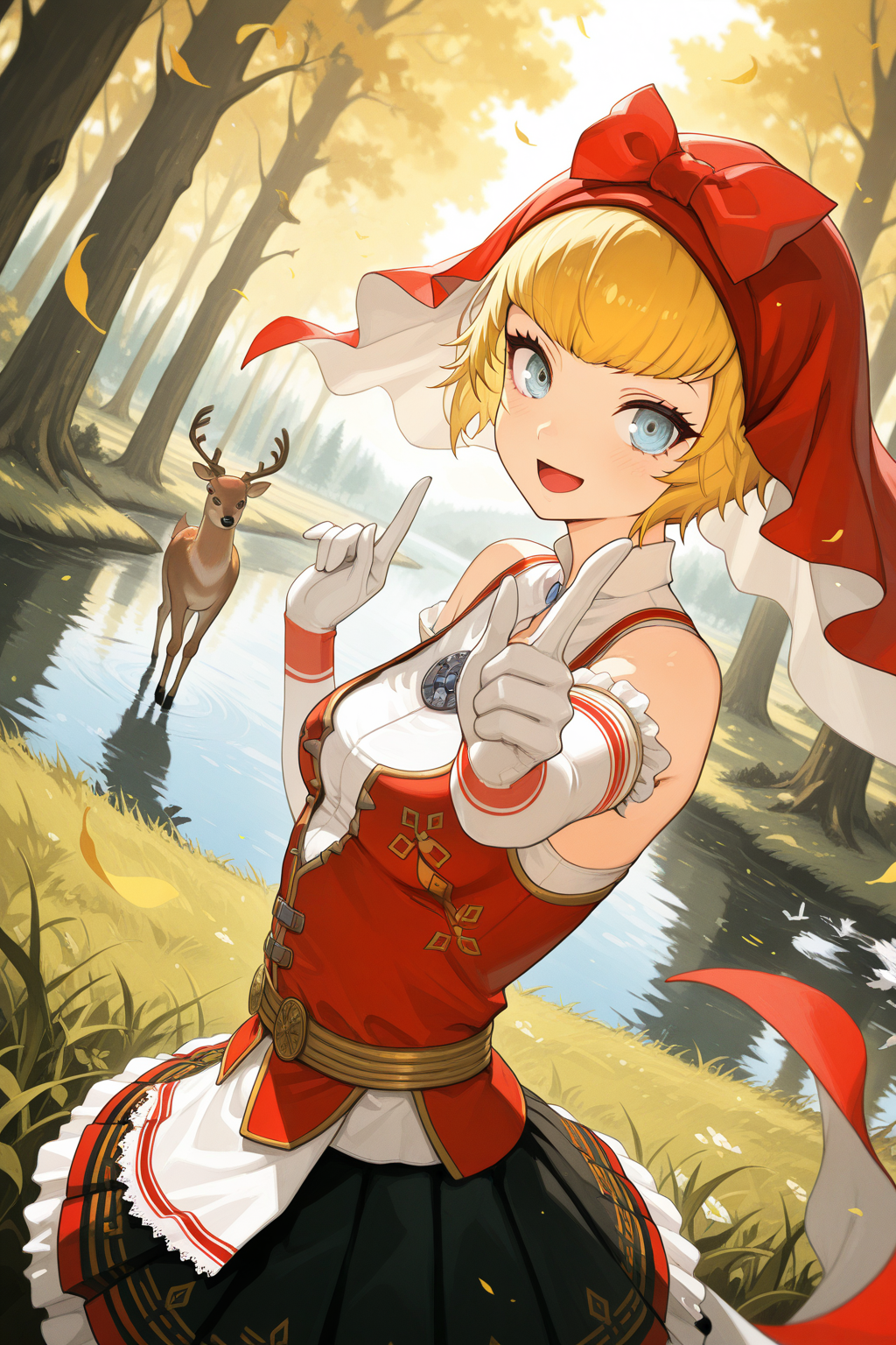 1girl,
IdunnShinMegamiTensei,
general, solo, perspective, dutch angle, upper body,
short hair, blonde hair, detailed eyes,
red hood, elbow gloves, 
skirt,
looking at viewer, \:D, idol, dancing, index finger raised, bird, 
wide shot, depth of field, fantasy, forest, grass, deer, lake,
<lora:kp_IdunnShinMegamiTenseiIllustrious_v1_0:1.0>,
masterpiece, best quality, amazing quality