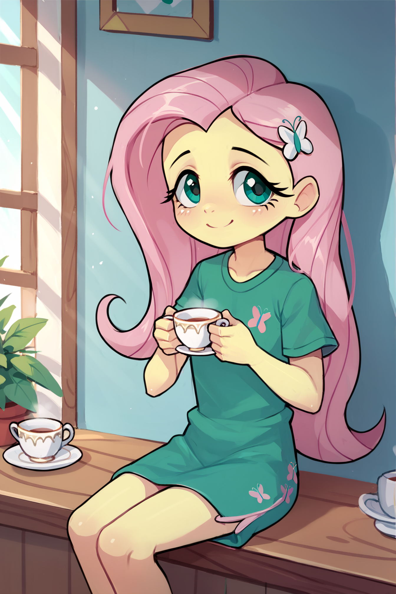 zPDXL3, masterpiece, high quality, yepmelon, score_9, score_8_up, smile, ((cute)), ((young)), solo, 1girl, Fluttershy, pink hair, yellow skin, petite, good hands, (good anatomy), (holding teacup), sunlight, long green dress, sitting,  , <lora:Pony_QualityV4.0:1>,<lora:Yep_Melon_Style-000014:1>