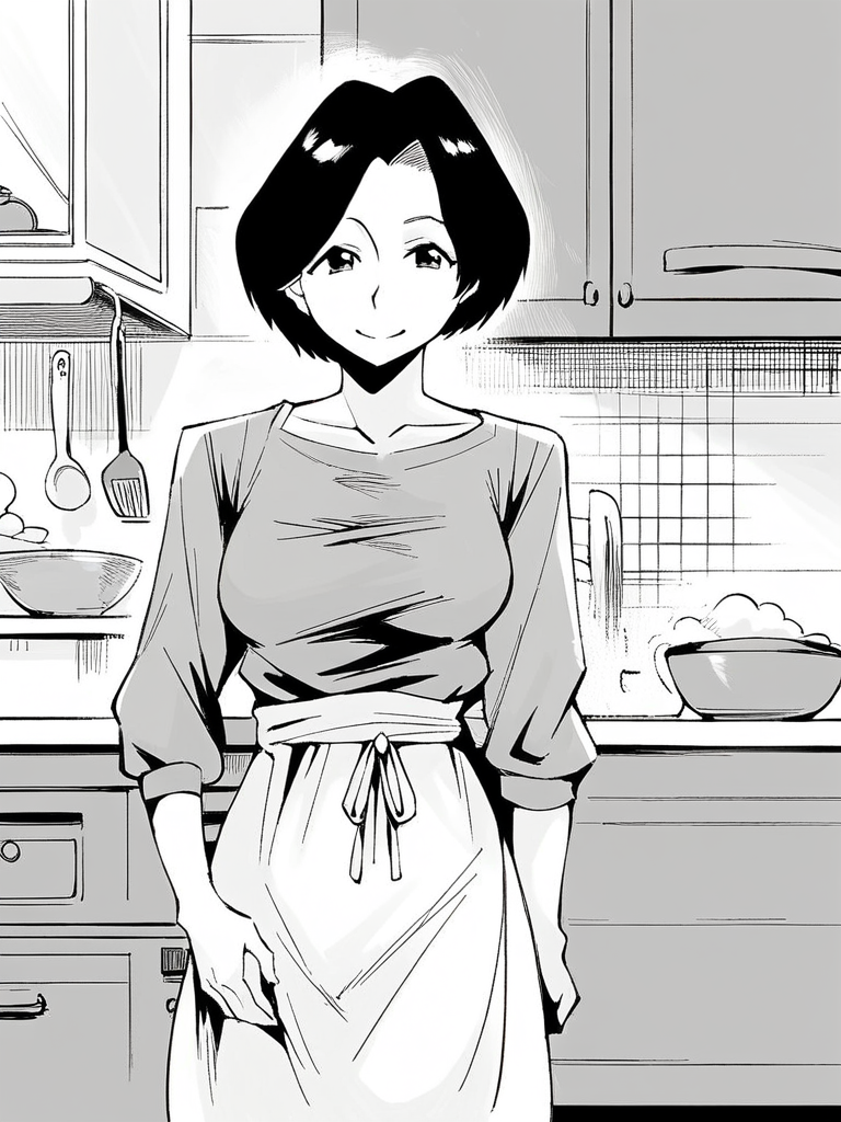 score_9, score_8_up, score_7_up,  
1girl,  monochrome, okada sakiko, medium hair, parted bangs, black hair, mature female, medium breasts,


standing, indoors, kitchen, smile, looking at viewer, grey t-shirt, long sleeves, skirt, white apron, 