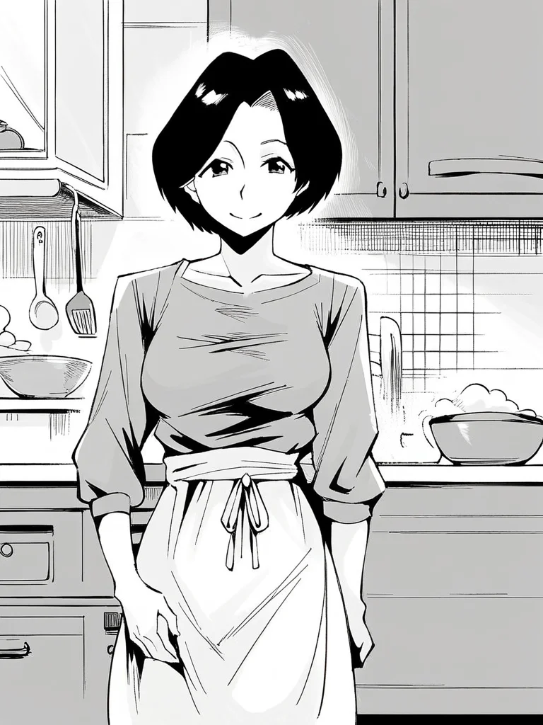 score_9, score_8_up, score_7_up,  
1girl,  monochrome, okada sakiko, medium hair, parted bangs, black hair, mature female, medium breasts,


standing, indoors, kitchen, smile, looking at viewer, grey t-shirt, long sleeves, skirt, white apron, 
