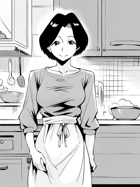 score_9, score_8_up, score_7_up,
1girl, monochrome, okada sakiko, medium hair, parted bangs, black hair, mature female, medium breasts,
standing, indoors, kitchen, smile, looking at viewer, grey t-shirt, long sleeves, skirt, white apron,