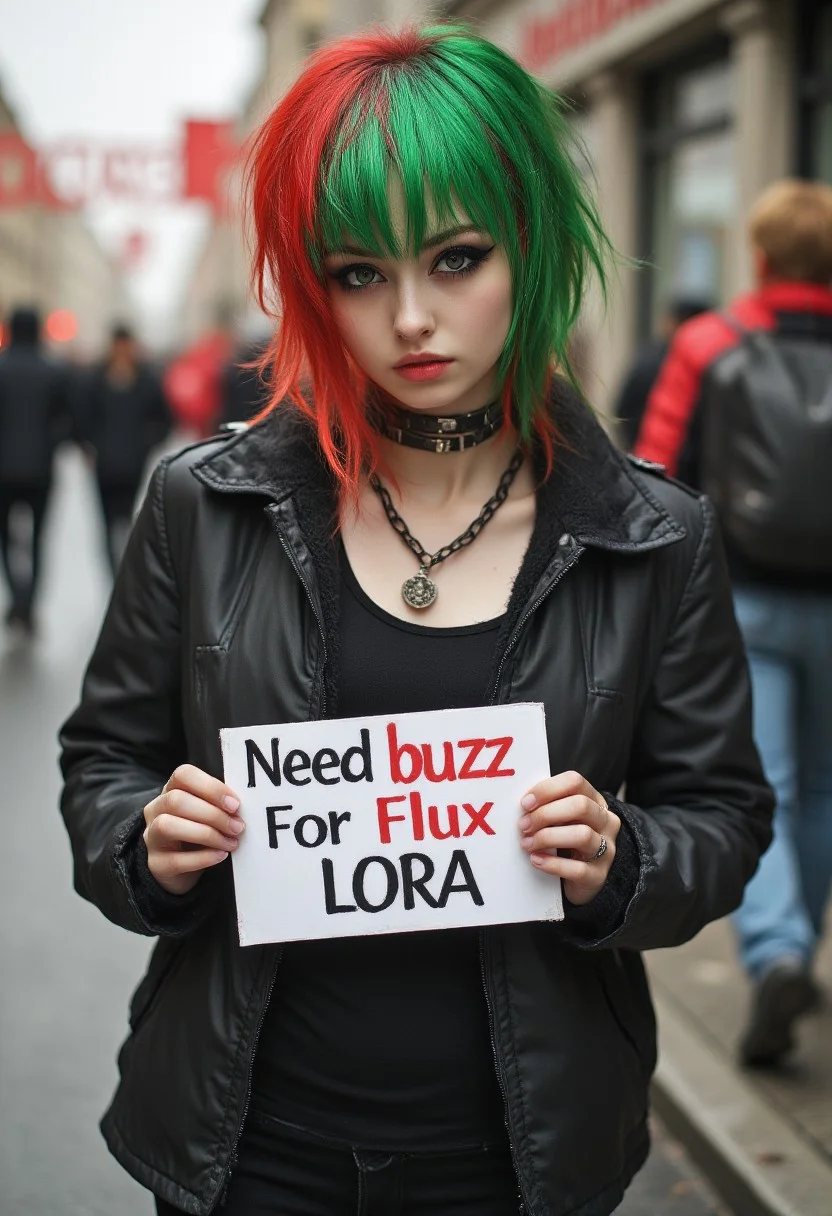 FictionalQuartz, emo girl with green and red hair. Holding a sign saying "Need buzz for Flux Lora"