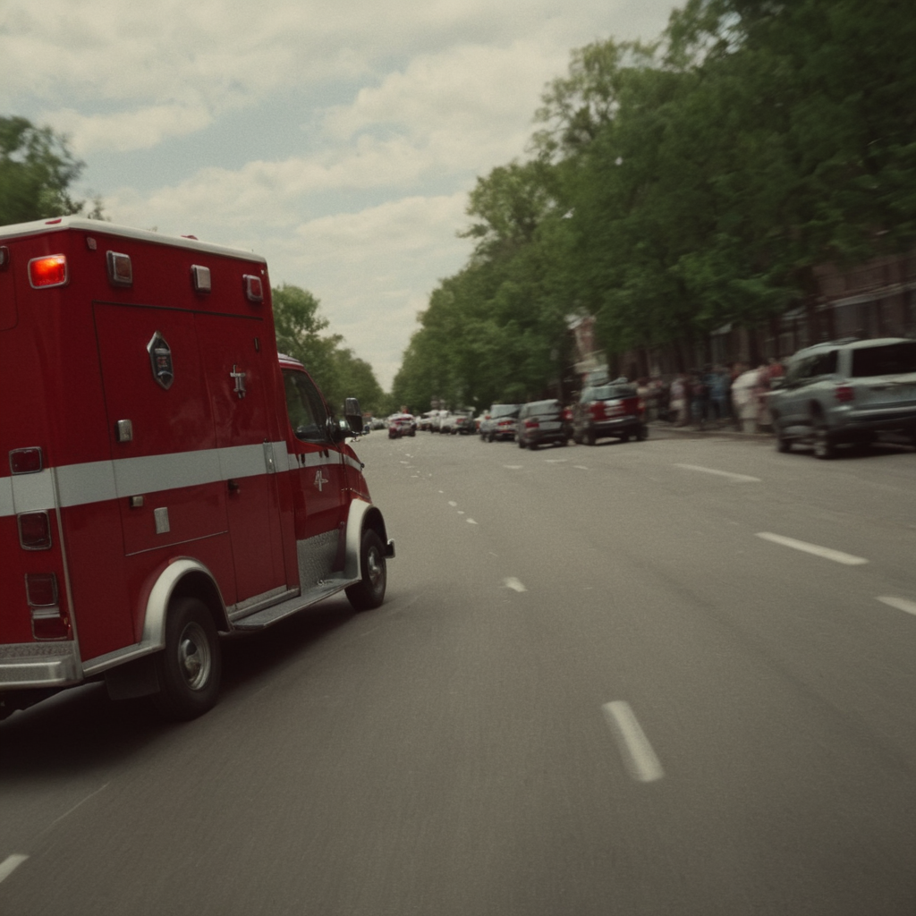 cinematic film still of  <lora:rotated view Style:1> rotated camera angle view style:1.5
a red ambulance is driving down the street,solo,looking at viewer, rotated camera angle view, shallow depth of field, vignette, highly detailed, high budget, bokeh, cinemascope, moody, epic, gorgeous, film grain, grainy