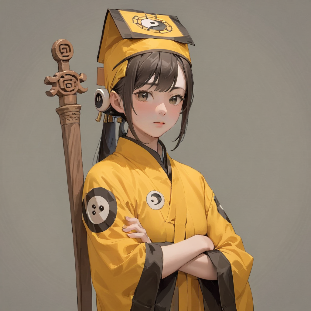 A woman wearing traditional Chinese attire stands in front of a grey background, with his arms crossed. He is dressed in a yellow robe that has black stripes on the sleeve edges, and adorned with a circular symbol under the right arm. The symbol consists of a black circle with two lines through it beneath a yellow circle. On his head, he wears a black and white striped hat. In his right hand, he holds a brown wooden sword with intricate carvings, with the handle of the sword resting against his right shoulder and the tip pointing upwards. The overall appearance of the woman exudes an air of confidence. <lora:dosifuku:0.85>,
