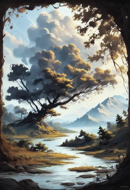 score_9, score_8_up, score_8,  In a dark, magical forest, there is an ancient tree. (A lost traveler is walking in style of cynthia sheppard). Mist and smoke swirl through the air, creating an eerie atmosphere. Nearby, a tranquil lake reflects the soft glow of the moonlight, casting a silvery sheen across the water. The dense foliage adds layers of mystery, with twisted branches and gnarled roots. romantic impressionism, dream scenery art, beautiful oil matte painting, romantic, beautiful digital painting, anime landscape, romantic painting, dreamlike digital painting, colorful painting, thick brushstrokes characteristic, rough stroke, beautiful gorgeous digital art, style of greg rutkowski, thomas kinkade, janek sedlar, jenny saville
