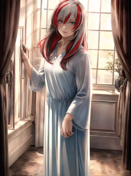 incredibly absurdres, best quality, 8k wallpaper, highly intricate details, looking at viewer, young male character, 1boy, male focus, masculine, Nickel Gray hair and (Varsity Red streaked hair:1.2), Godiva Hair, squinted eyes, wearing animal slippers and bedclothes with no jewelry or neckwear, (standing cowboy shot:1.2), indoors, finely detailed background, amazing background