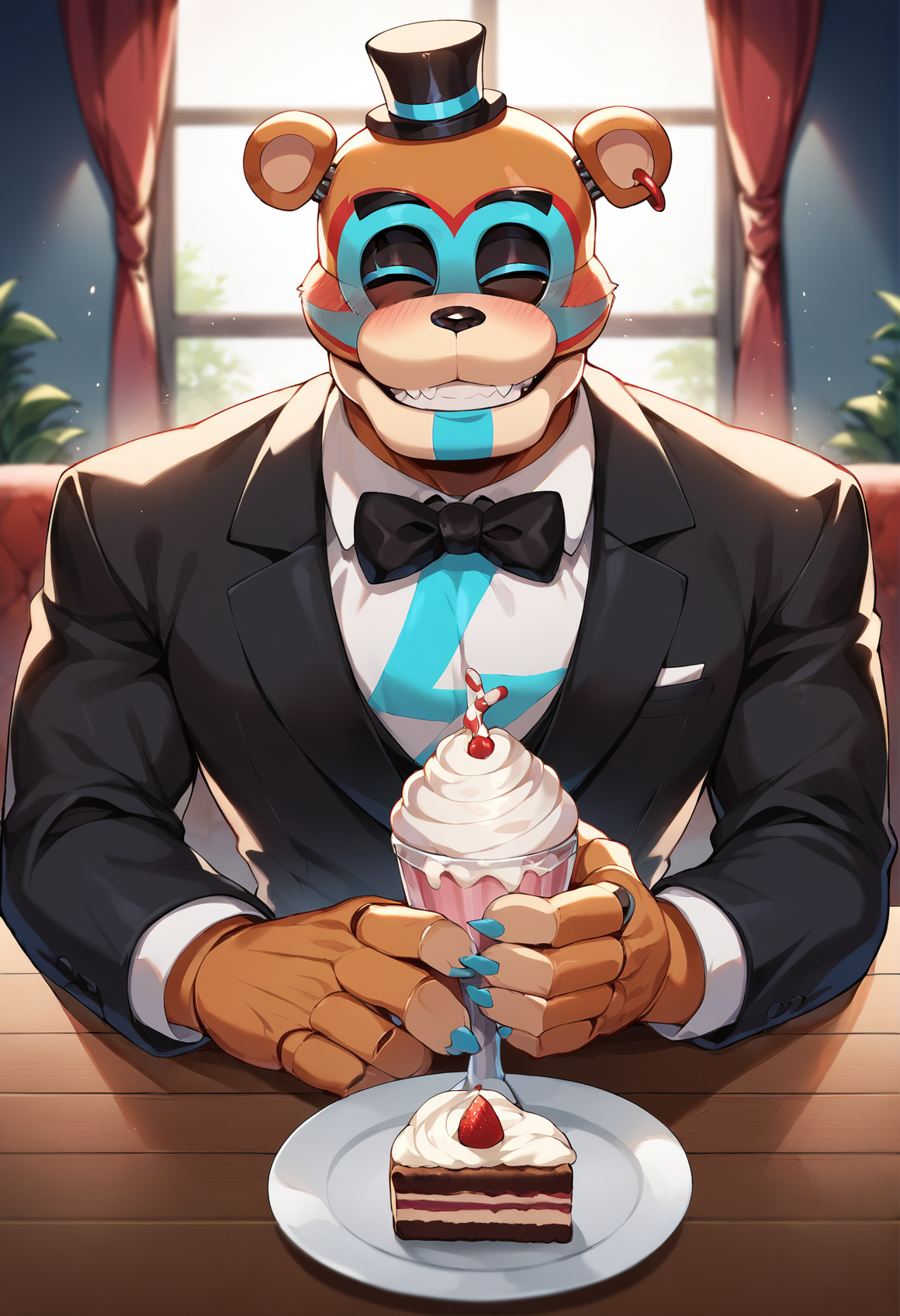 score_9, score_8_up, score_7_up, score_6_up, lots of details, source_anime, highly detailed, muscular, pov, cafe, jacket, gentleman, black tuxedo, dating, handsome, bear ears, cakes, table, ear piercing, smile, winking, milkshake, male focus, 1boy, glamrockfreddy, animatronic, indoors, dim lighting, holding milkshake, blurry background, blush lines, intense blush, grin, looking at viewer <lora:GlamrockFreddyPony:0.85>